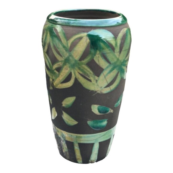 Raku Pottery Vase/Green Geometric Designs on Dark Gray background - Picture 9 of 9